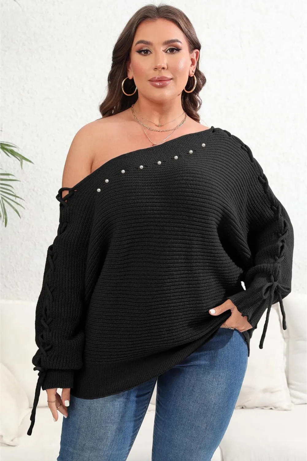 Maxct &Plus Size One Shoulder Beaded Sweater