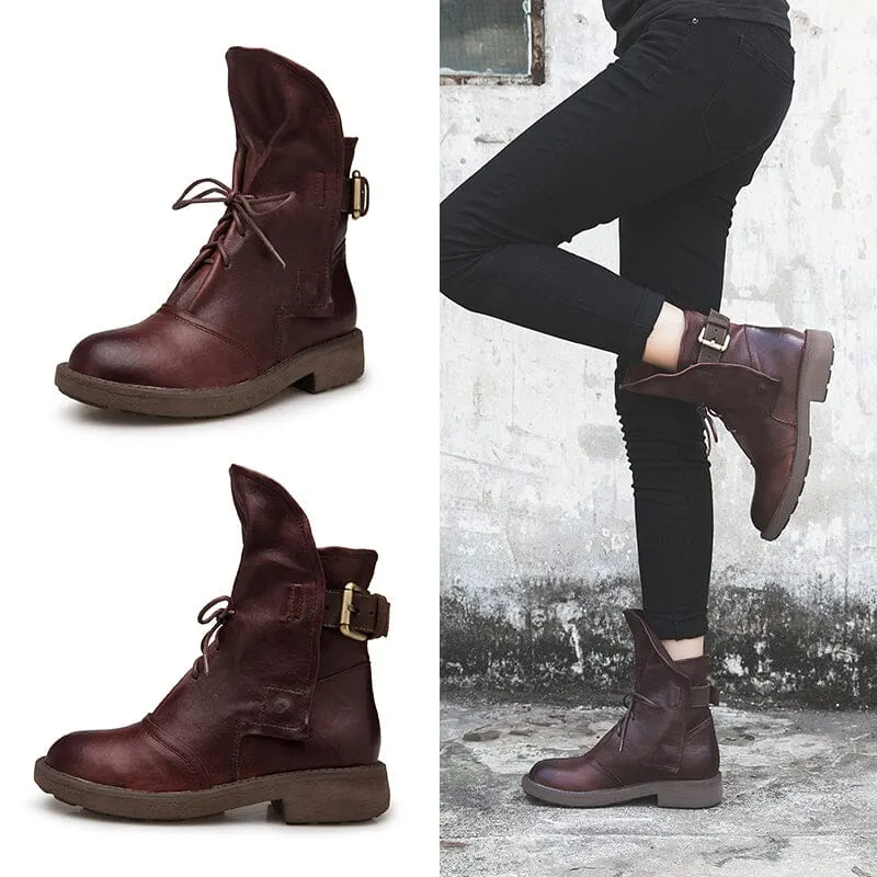 Womens Retro Sheepskin Short Boots for Winter Lace Up Buckles Boots Coffee/Black Maxct