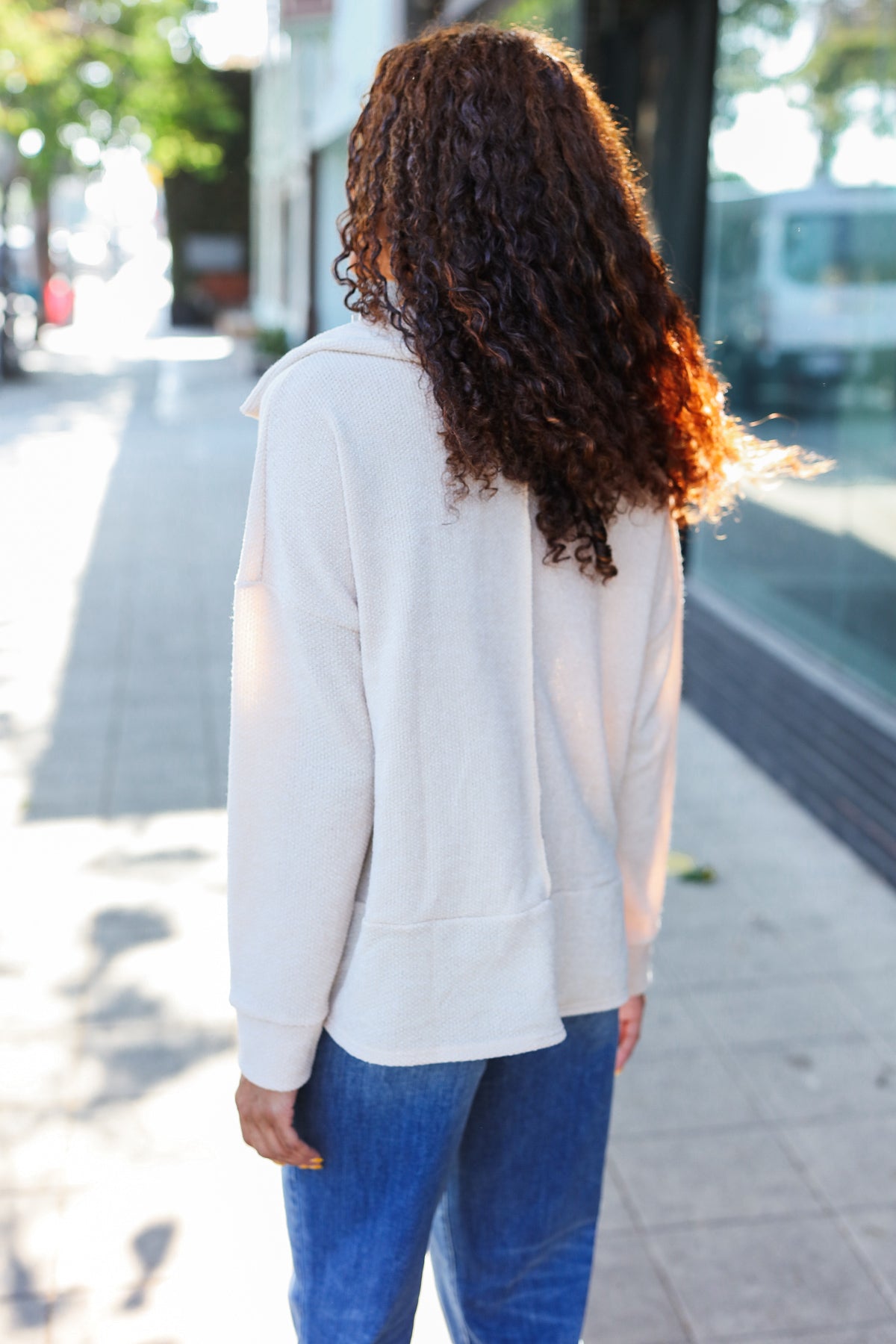 Maxct &Easy Living Oatmeal Textured Knit Notch Neck Oversized Collar Sweater