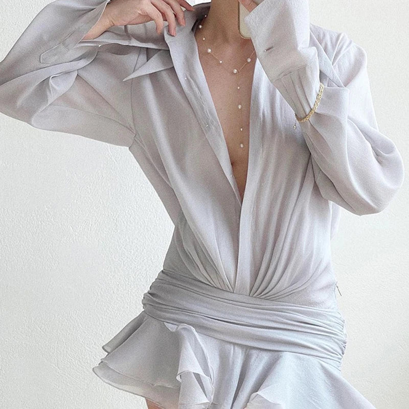 Maxct New Chiffon Mini Dress Women's Ruffled Splice Pleated Dress Mesh See-through Loose Oversized Shirt Dress Cover-Up Clothes