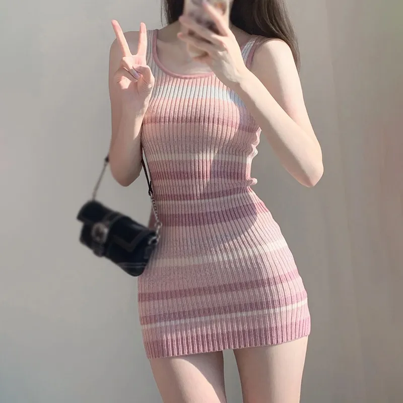 Maxct Sweet Women Rainbow Stripe Dress Knitted Slim Fit Short Wrapped Hip Dress