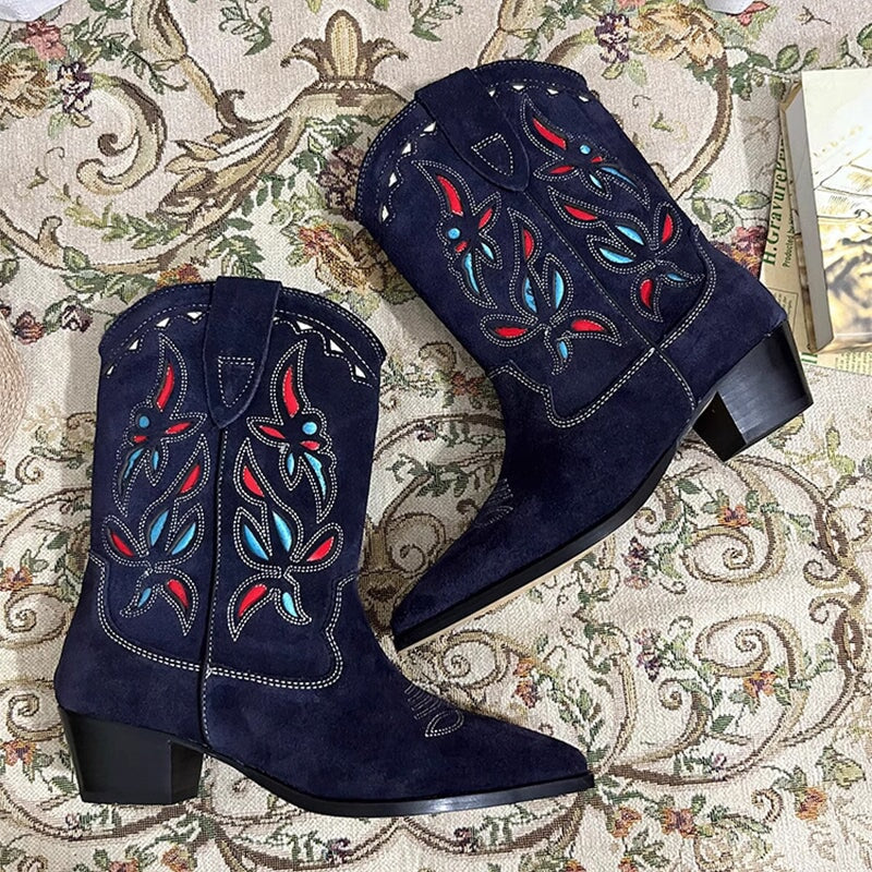 Womens Western Boots Block Heel Cut-Out Cowboy Boots All Genuine Leather Maxct