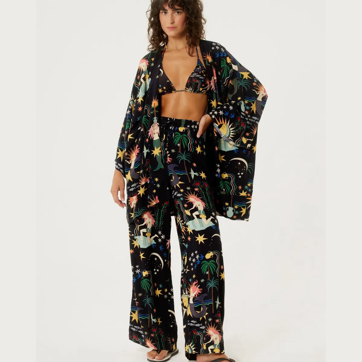 Maxct Black Sexy Women Two Piece Pant Set Tie Flowers Strapless Top Tassel High Split Pants Suit Beach Vacation Female Clothing