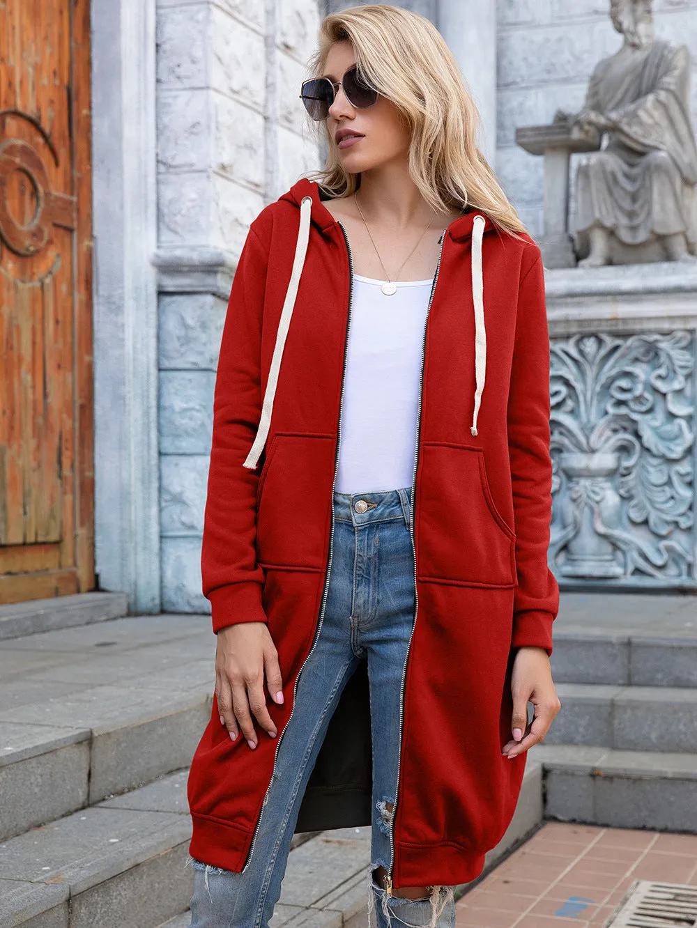 Full Size Zip-Up Longline Hoodie with Pockets - Image 29