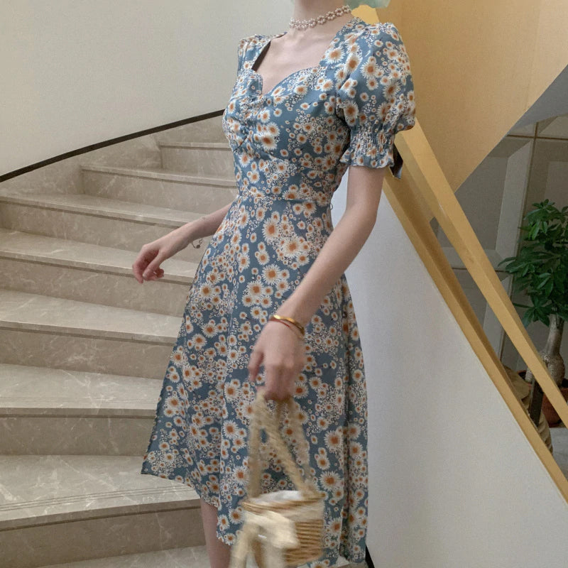 Flowers Pattern Puff Sleeve Split Dress Maxct