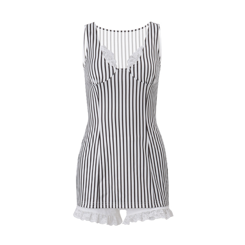 y2k 2 Piece Set Stripe Print Sleeveless Lace Trim V Neck Mini Bodycon Dress with Shorts 2000s Streetwear