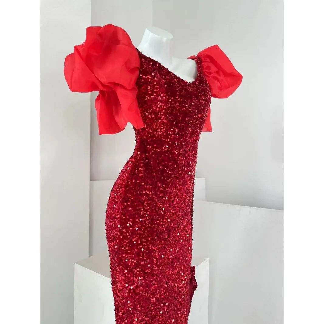 Maxct Evening Dress Retro Party Exaggerated Puff Sleeve Sequined Small Dress Split Hip Skirt Clothing