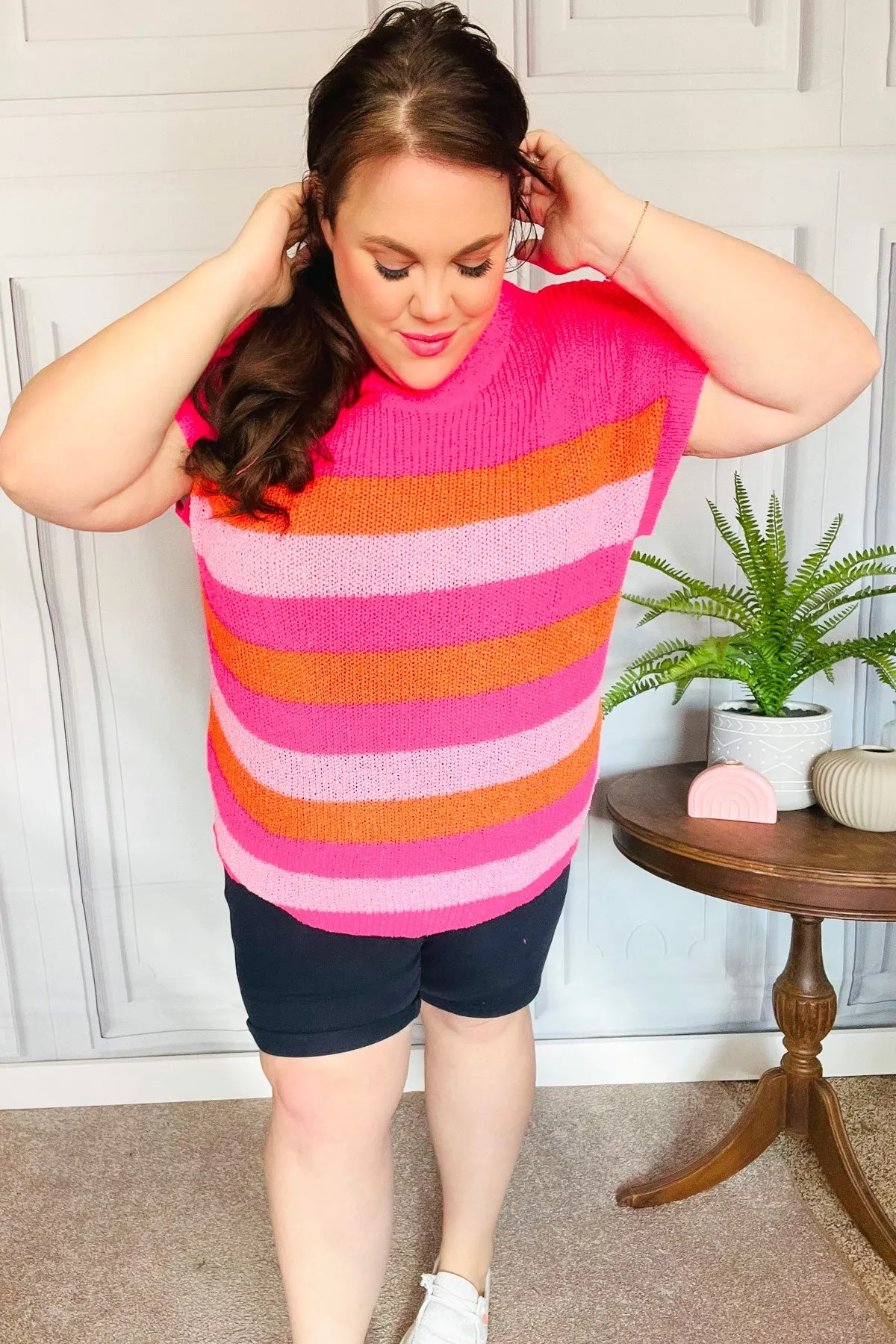 Maxct &Feeling Bold Fuchsia & Orange Stripe Short Sleeve Dolman Sweater
