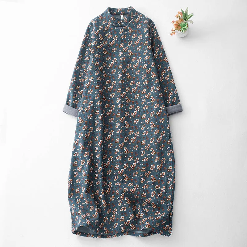 Maxct Women Winter Thickened Printed Floral Loose Fit Cotton Linen Dress
