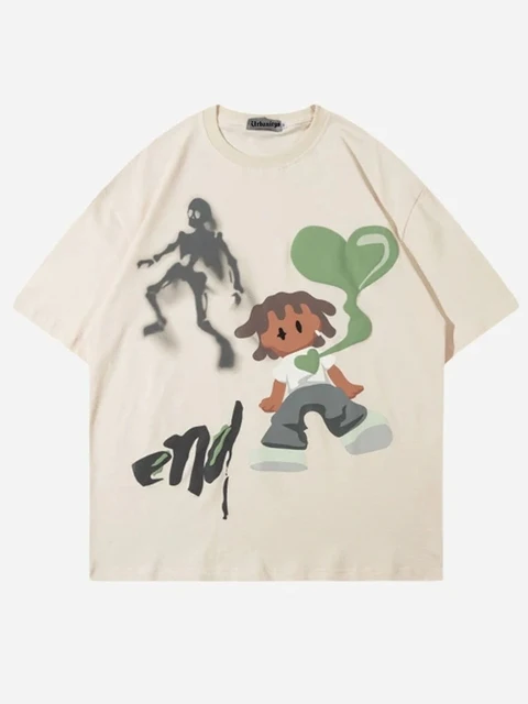 Maxct Y2K Hip Hop Letter Printed T Shirt Cartoon Printed Oversized Tops New Harajuku Fashion Casual All Match Loose Tops Streetwear