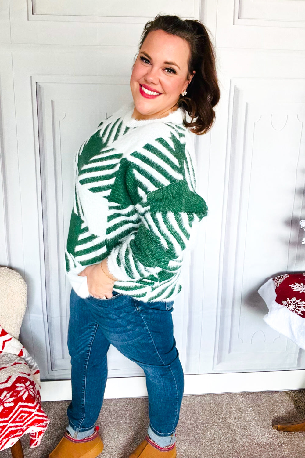 Maxct &Under The Christmas Tree Green Plaid Soft Brushed Hairy Sweater