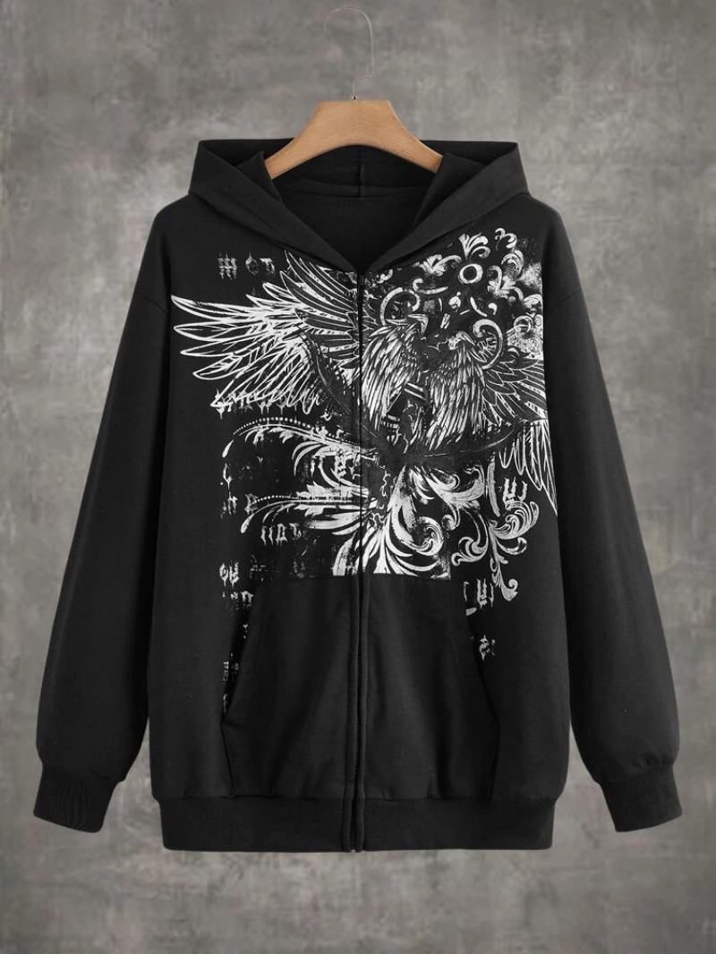 Maxct Zipper cardigan hooded European and American style Y2K retro loose version personalized street eagle print women's sweatshirt