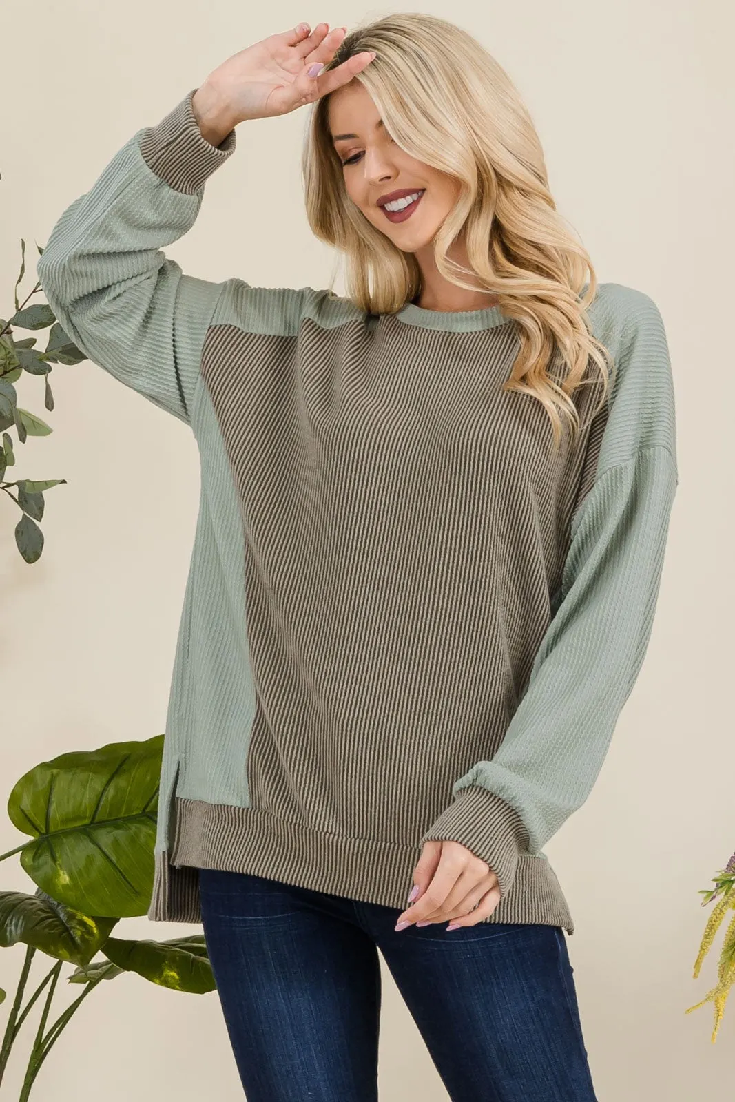 Maxct &Celeste Full Size High-Low Contrast Round Neck Sweatshirt
