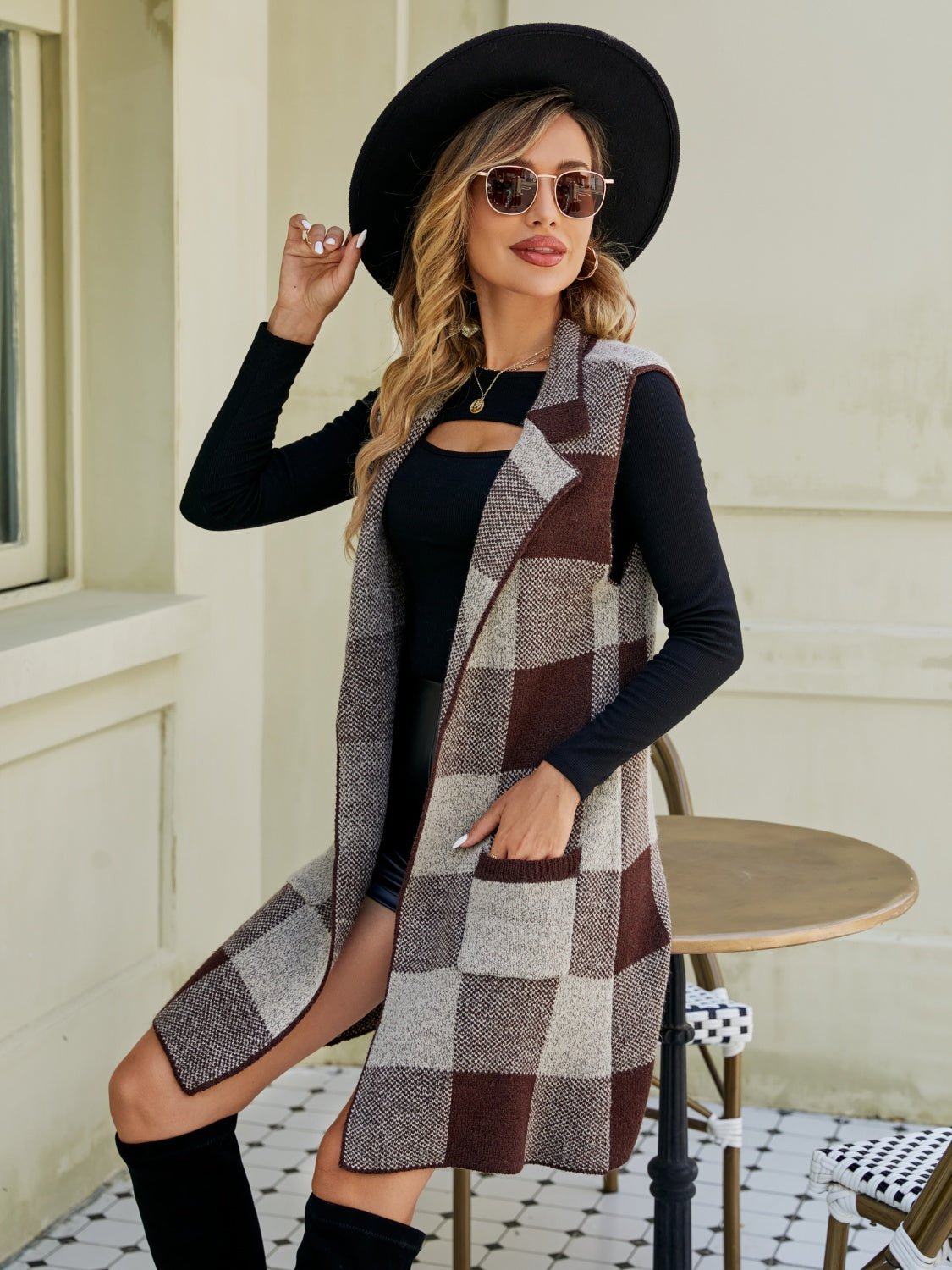 Maxct &Plaid Lapel Collar Sleeveless Cardigan
