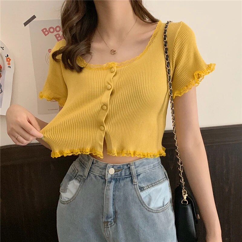 Maxct Women Patched Lace O-Neck Knitted Short Sleeve Thin Sweaters Cardigans Lady Single-breasted Buttons Sweater Crop Tops Female