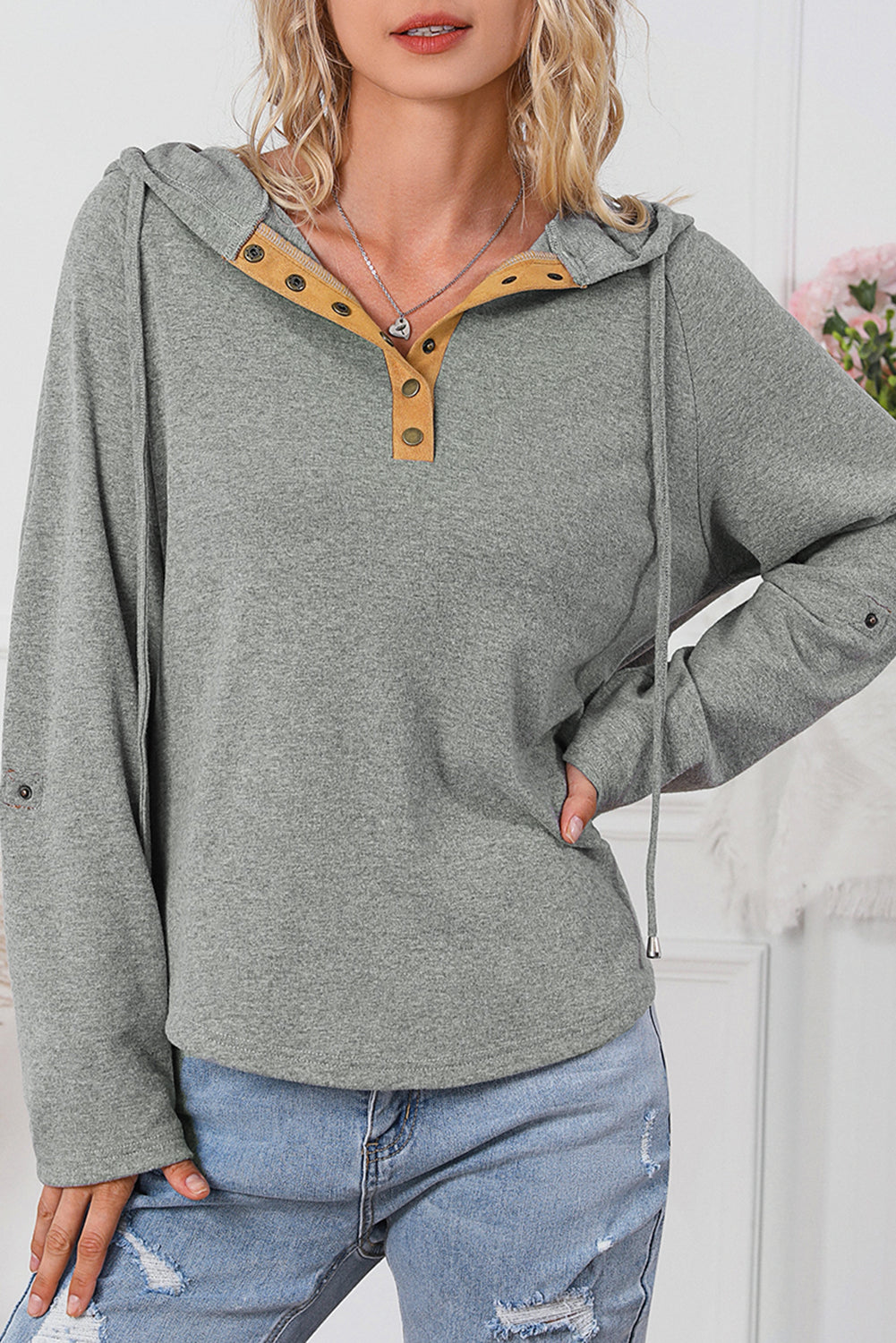 Maxct &Drawstring Quarter Snap Long Sleeve Hoodie