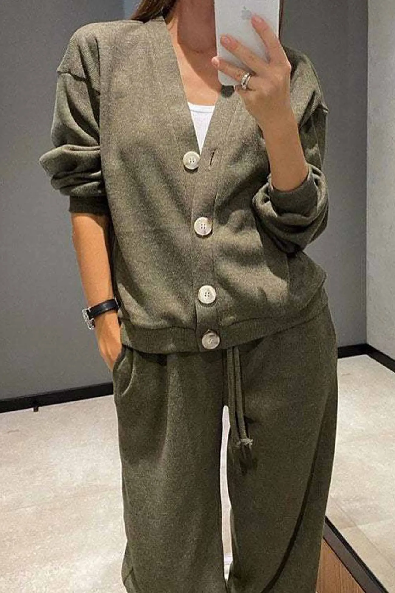 Maxct Solid Color Button Down Cardigan Long Pants Set