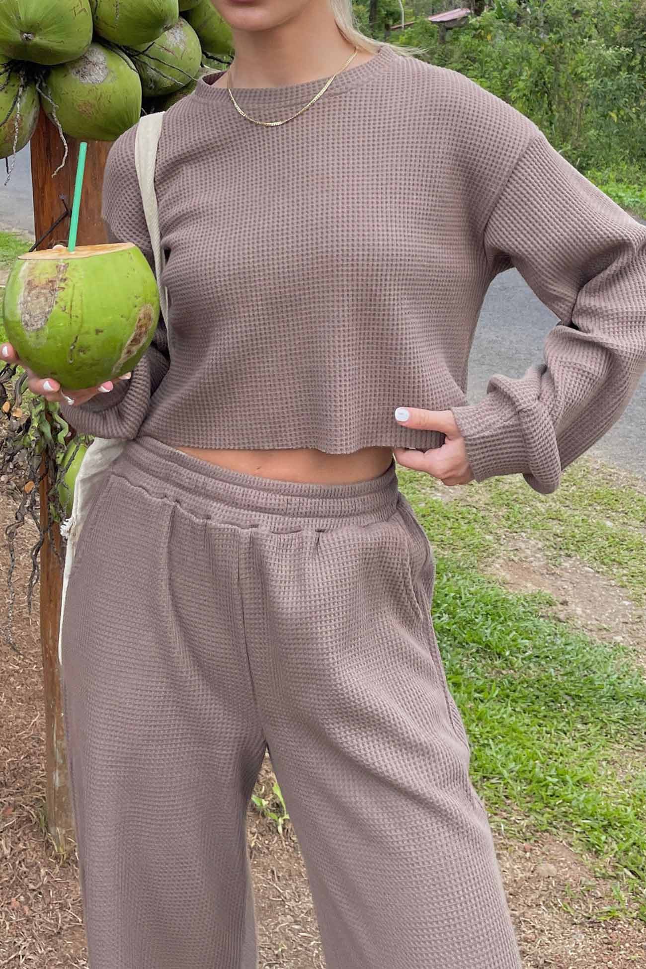 Maxct Waffle Solid Sweatshirt Long Pants Set