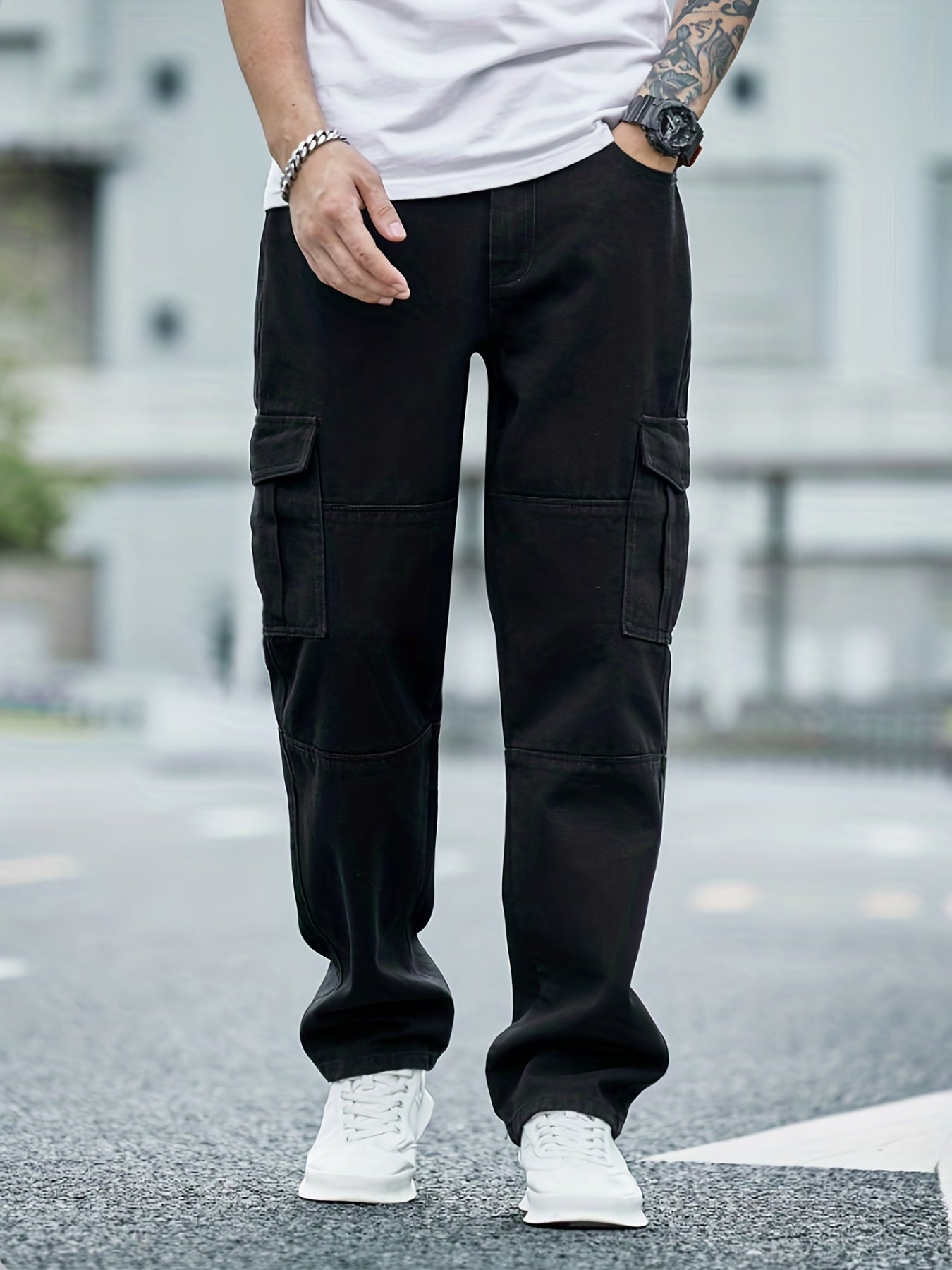 Maxct Loose Fit Flap Pocket Jeans, Men's Casual Street Style Denim Pants For All Seasons
