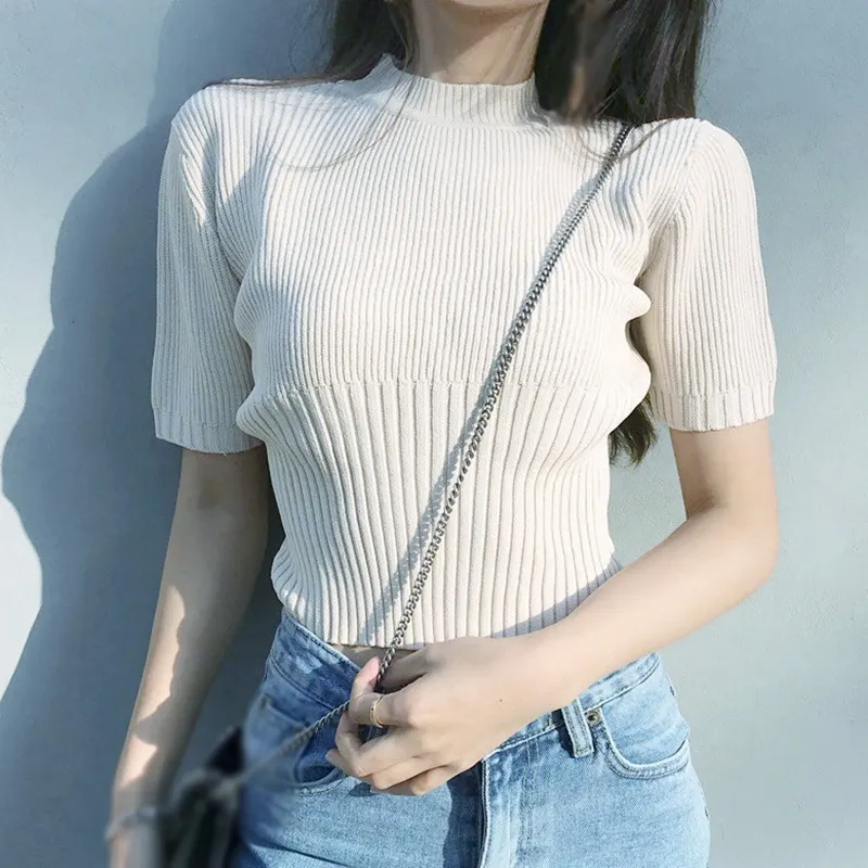 Maxct T-Shirt Knitted Short Sleeve Crop Top Summer Women's Korean Solid O Neck Casual