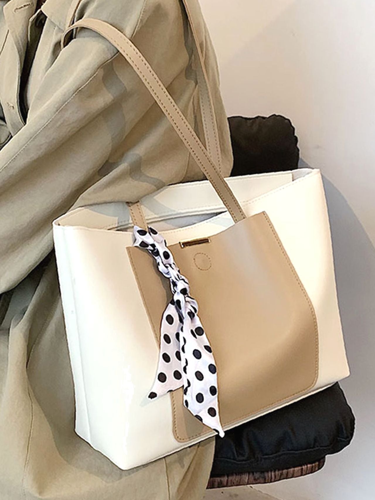 Maxct - Two Tone Scarf Decor Shoulder Tote Bag  - Women Tote Bags