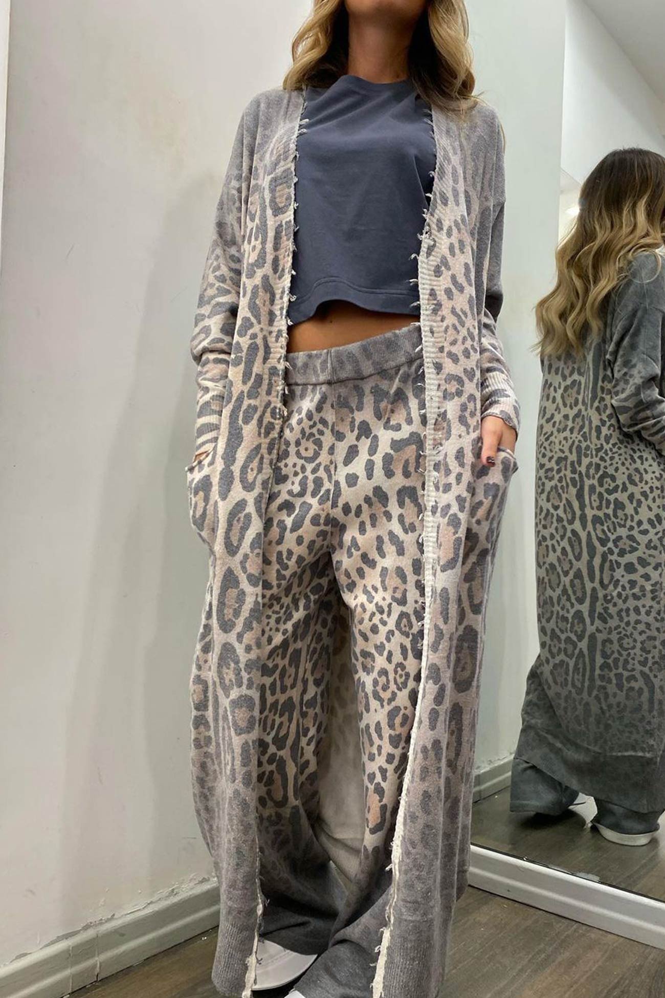 Maxct Leopard Print Long Cardigan Two-piece Pants Suits