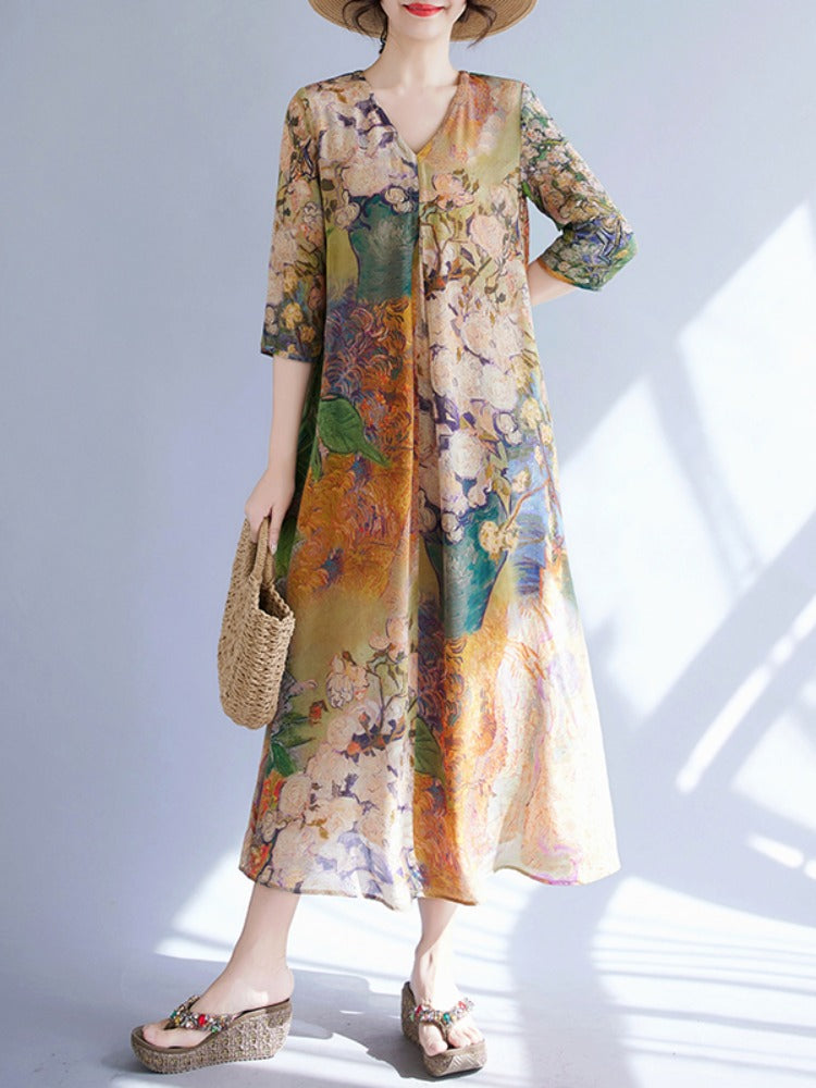 Women Retro Vacation Printed V-Neck A-Line Tencel Dresses