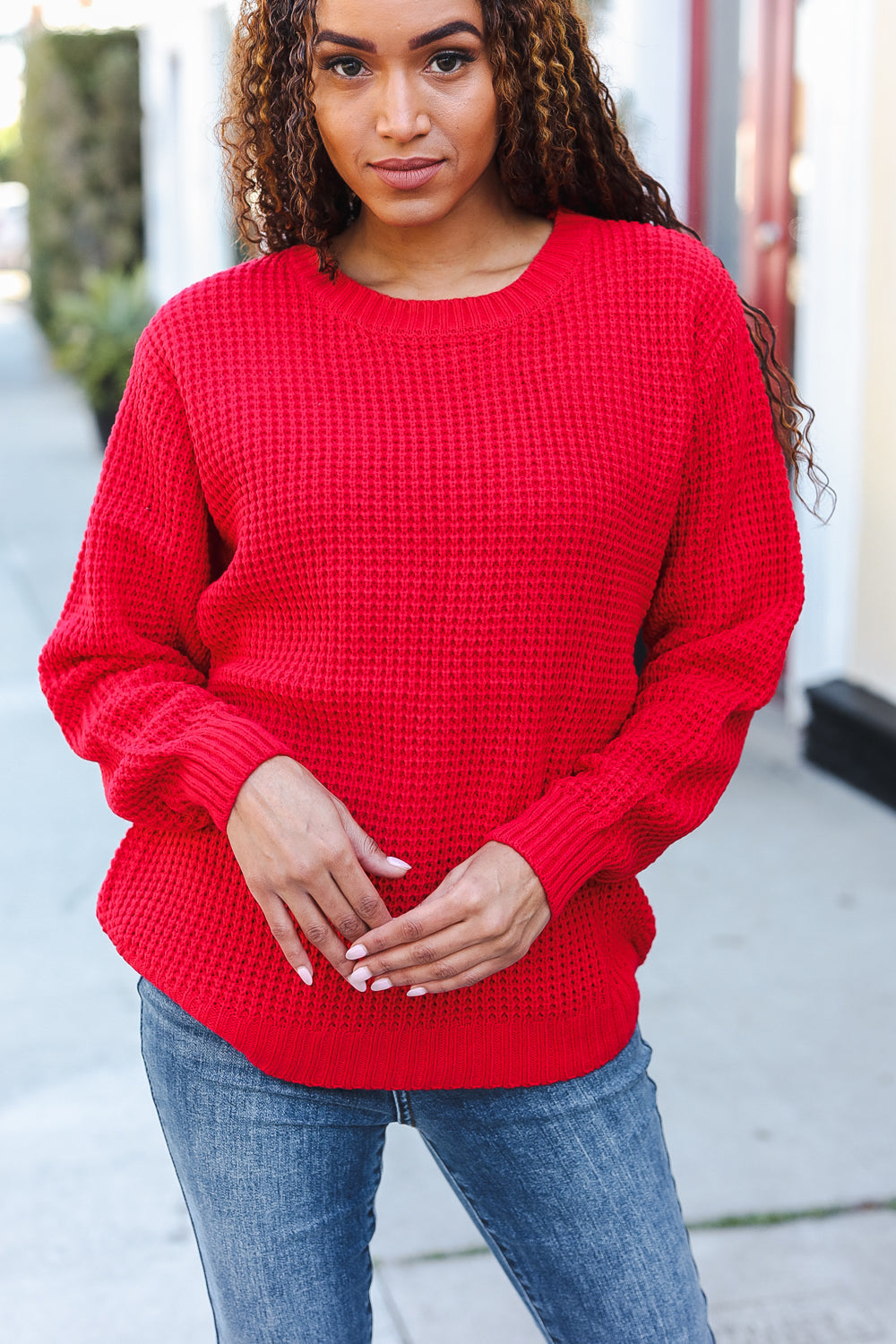 Maxct &All Present Christmas Red Waffle Knit Hi-Low Sweater