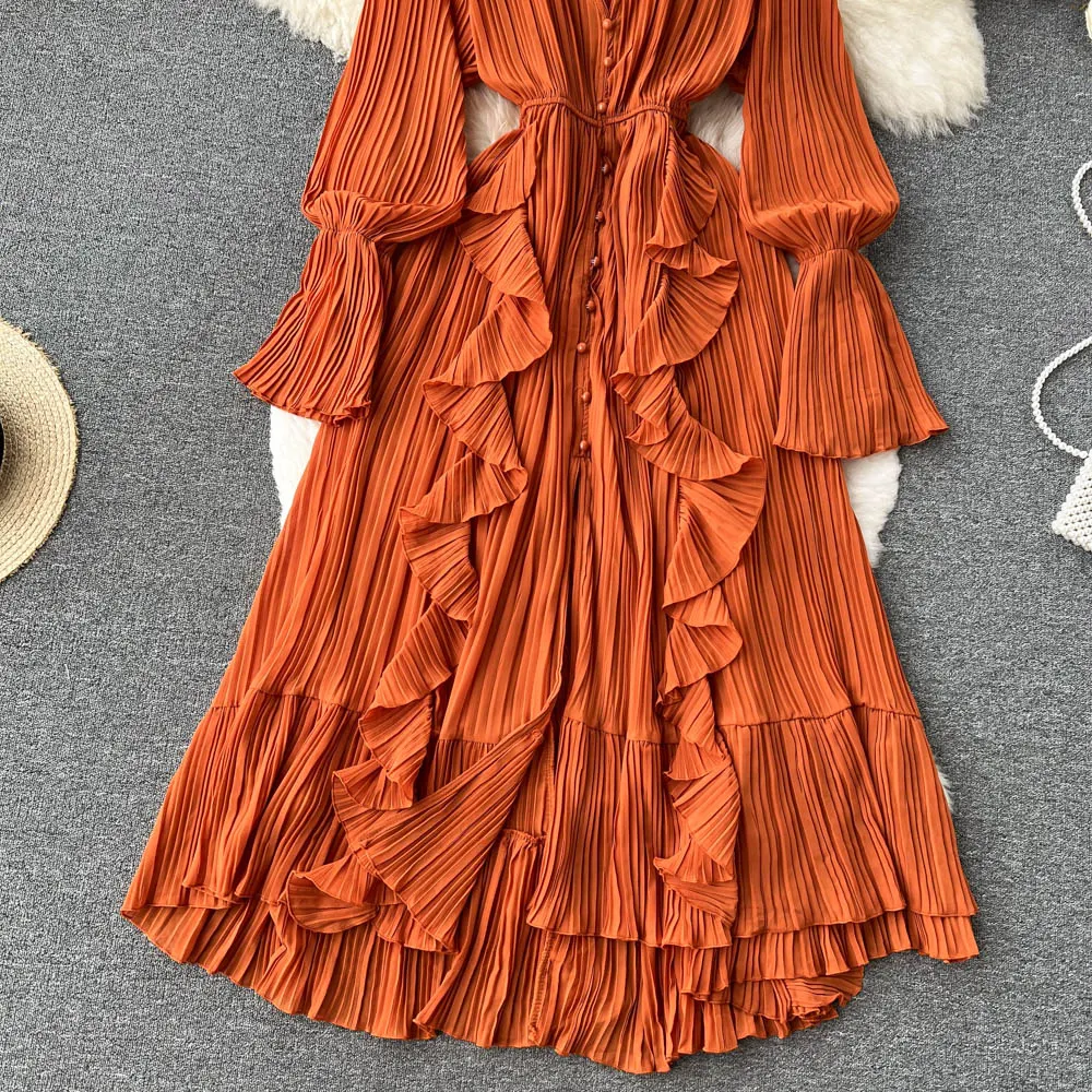 Chiffon Pleated Long Dress Women Vintage V-Neck Flare Sleeve Draped Ruffle Vestido Female Maxi Robe Spring Fall 1215-1