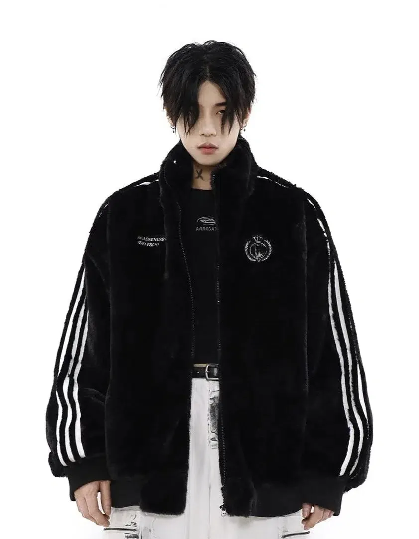 Maxct Three-stripes Sport Furry Plush Coat
