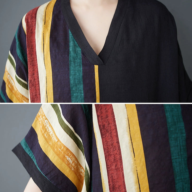 Women Summer Retro Cotton-Linen V-Neck Short-Sleeve Color-Block Maxi Dress