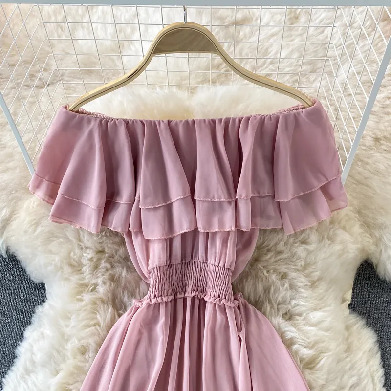 Chiffon Dress Women Sexy Slash Neck Ruffle Robe Elegant Ruffle High Waist Vestidos Female Beach Vacation New
