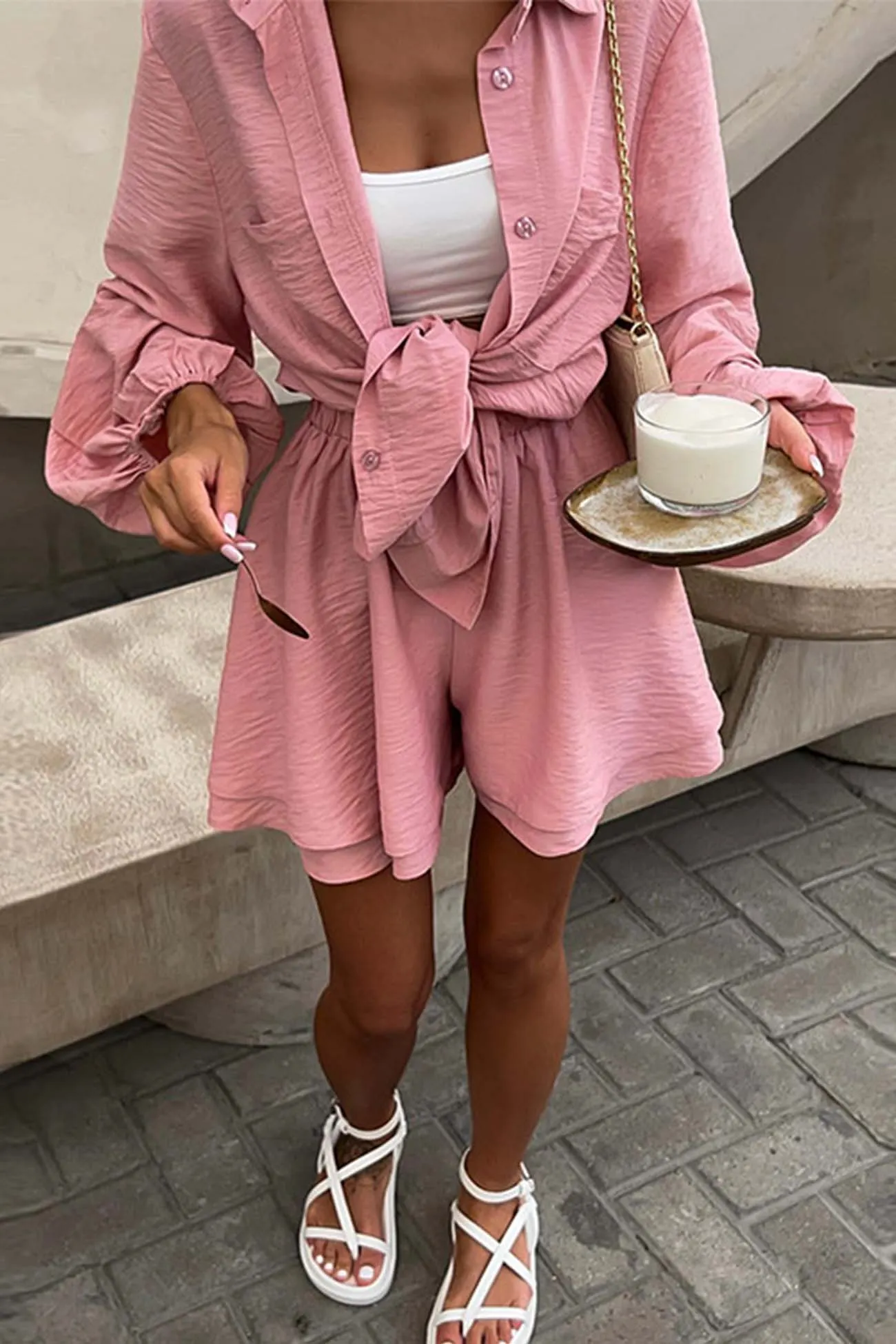 Maxct Solid Color Puff Sleeve Shirt Shorts Set