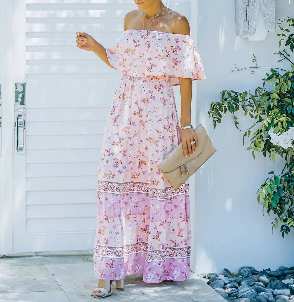 Maxct Printed Vintage Long Dresses For Women Sexy Off-Shoulder Ruffle Fashion Boho Party Maxi Dress Ladies Beach Sundress 9967