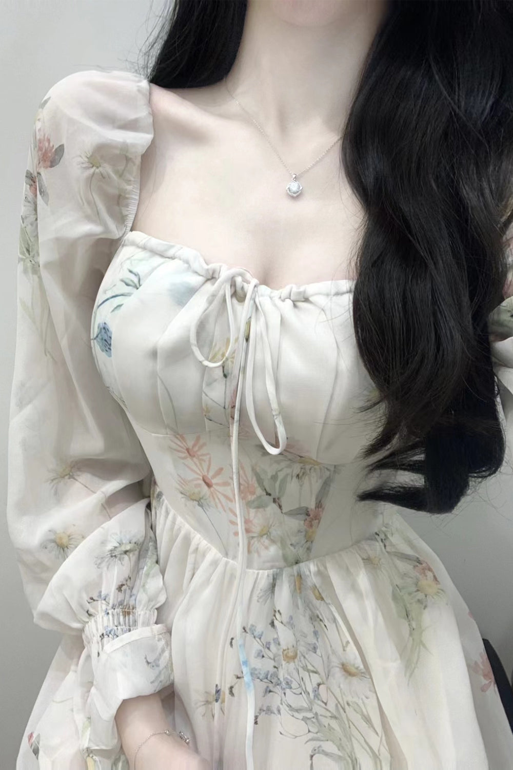 Long Sleeve Retro Floral Pattern Long Dress Maxct