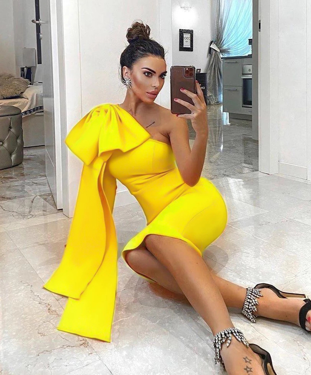 High-end Women's Rich And Golden Style Bandage Dress Three-dimensional Big Bow Shoulder Waisted Dinner Cocktail Dress