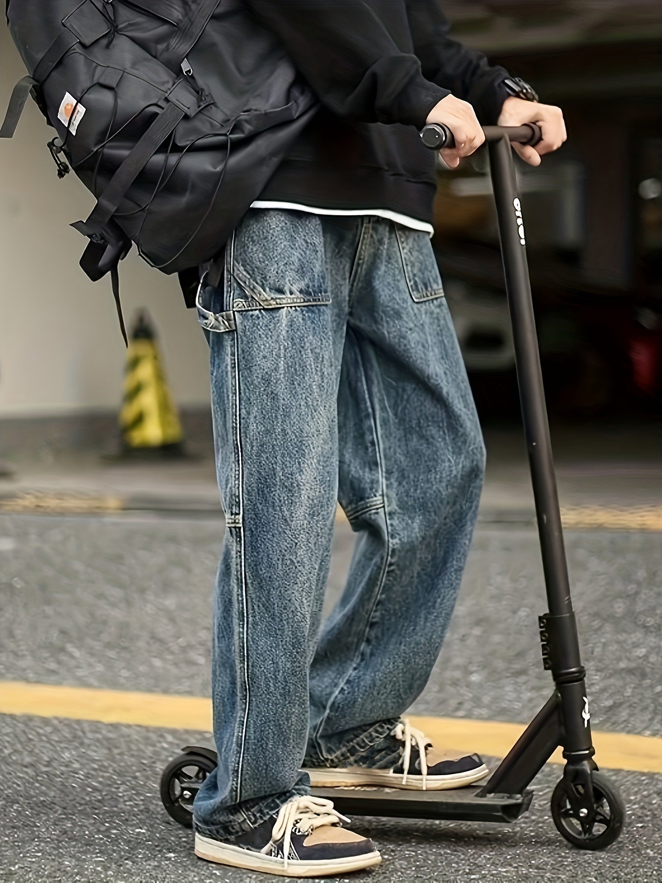 Maxct  Wide Leg Cotton Jeans, Men's Casual Street Style Patchwork Denim Pants For Spring Summer