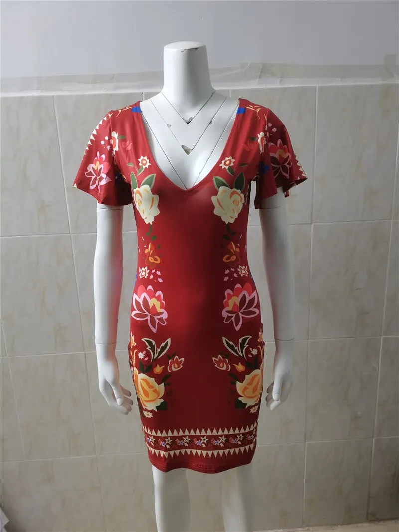 Women's Elegant Dress Vintage Floral Print Ruffles Bodycon Dress for Party Cocktails Casual Mini Dress Vacation Dress