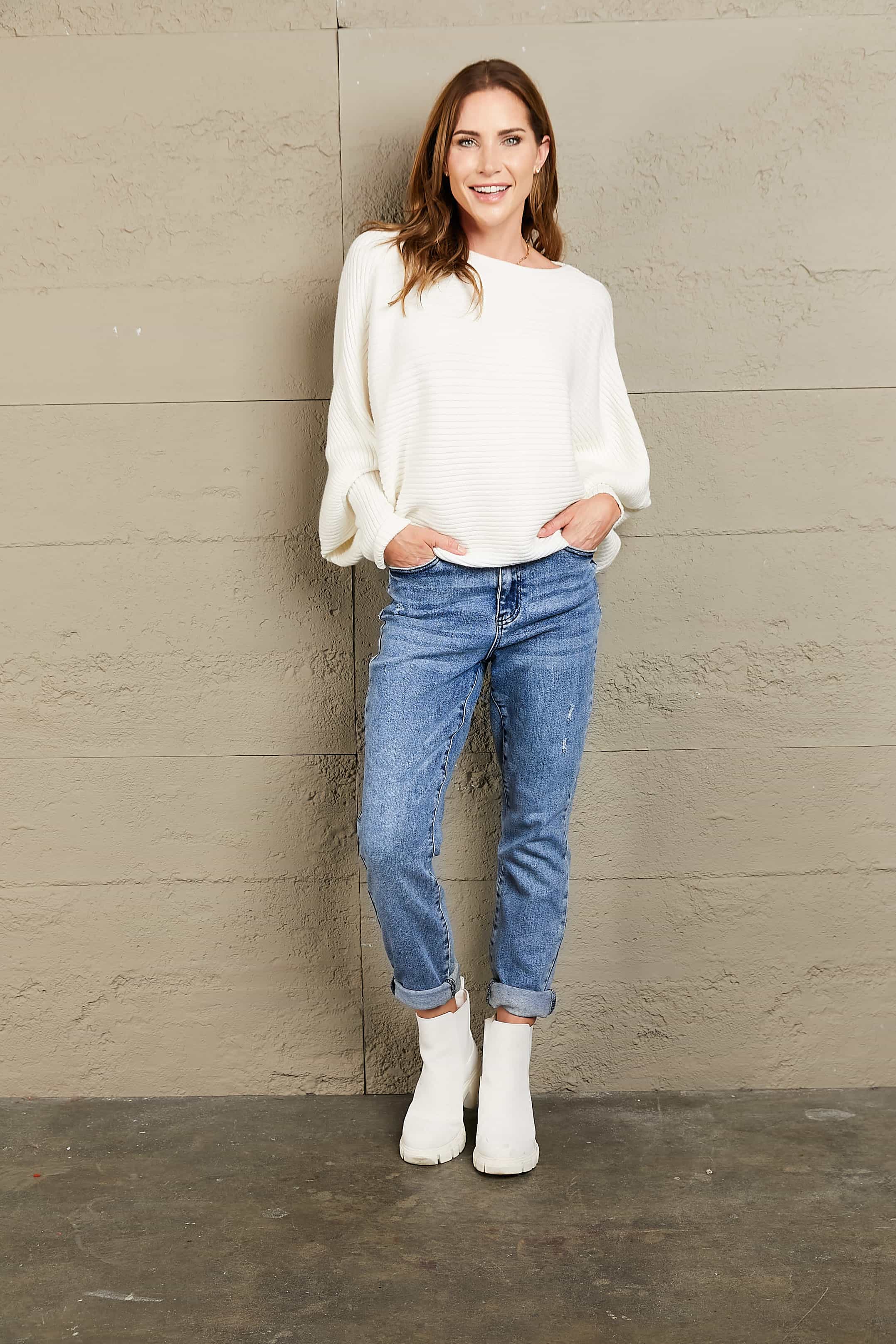 Maxct &Woven Right Horizontal Ribbing Dolman Sleeve Sweater