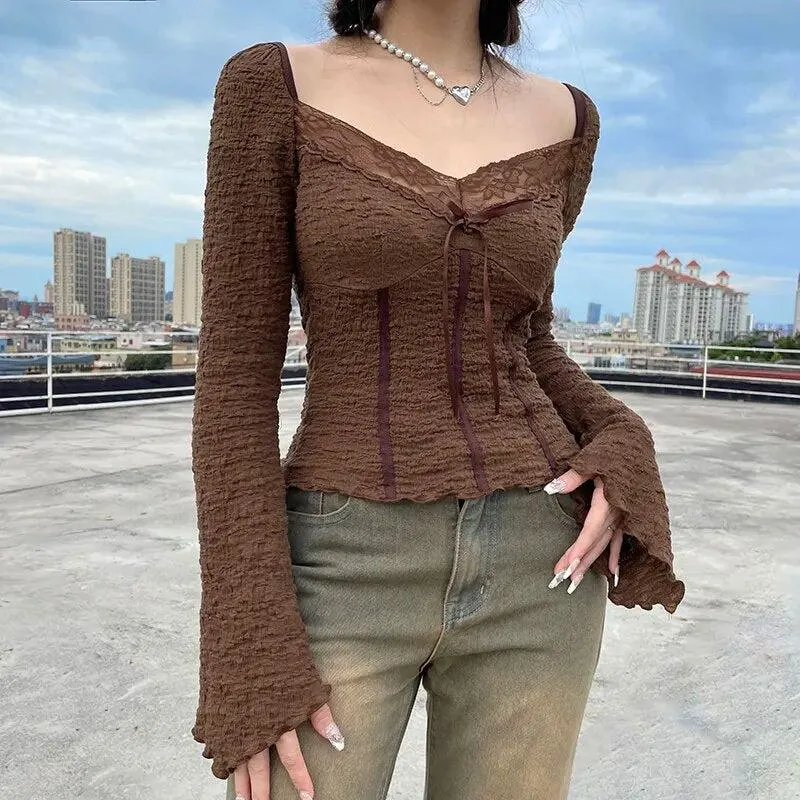 Maxct &Fairycore Lace Detailed Shirred Top