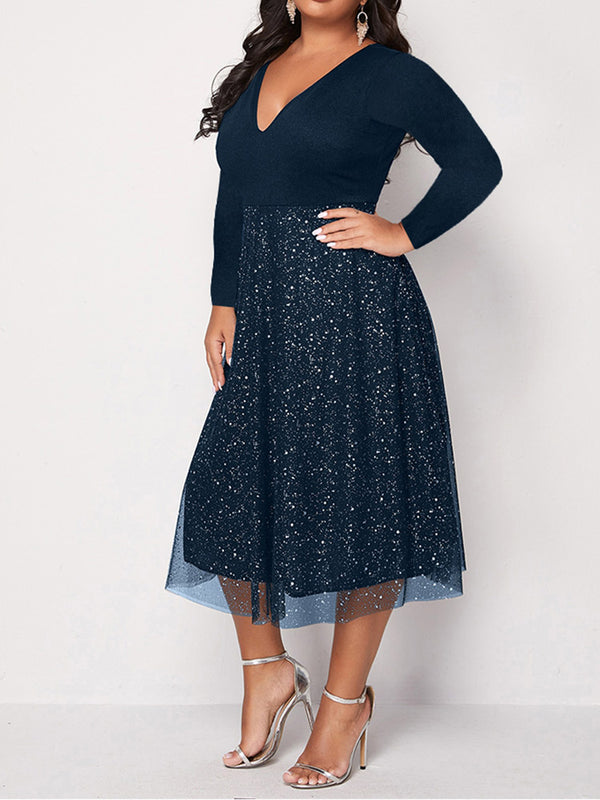 Long Sleeve Double V Neck Contrast Mesh Midi Dress Maxct