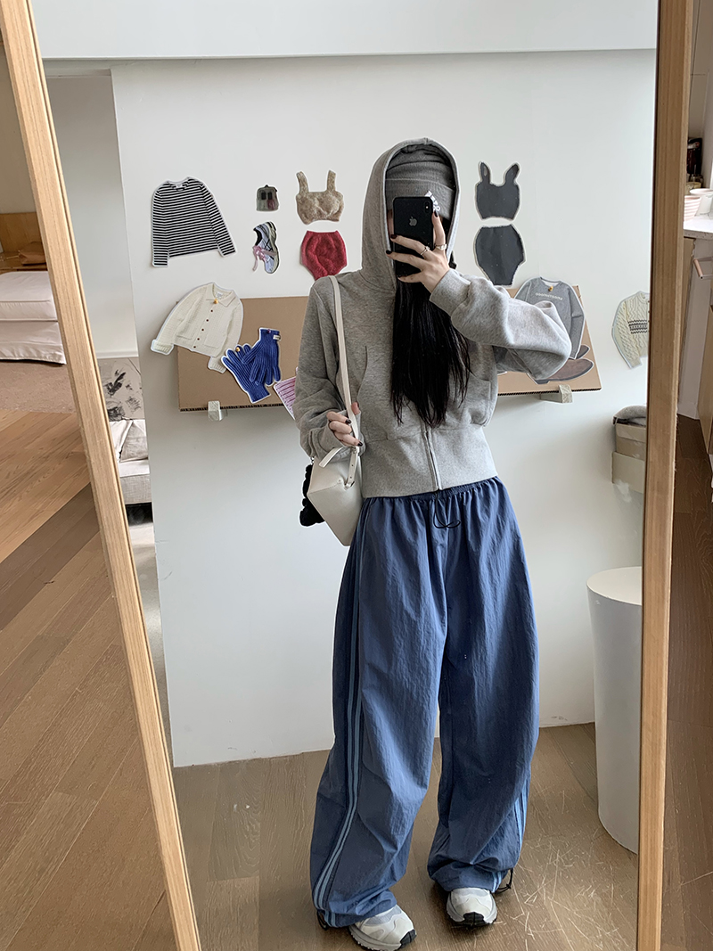 Grey Cropped Hoodies Zip Up Long Sleeve Sweatshirt Cardigan Oversized Autumn Fashion Wide Leg Track Pants Two Piece Sets