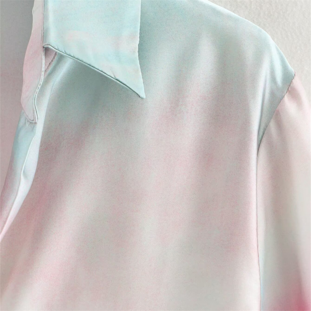 Autumn New Product Women's Fashion Silk Texture Tie Dyeing Printed Shirt High Waist Wide Leg Pants Set