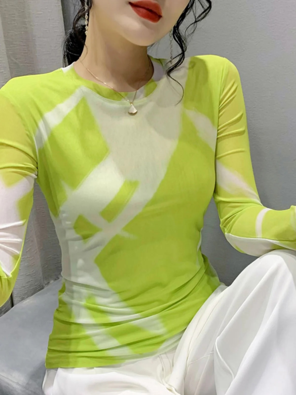Maxct Fashion Printing Long-Sleeved Round Neck T-shirt Women Contrast Color Slim Double-Layer Mesh Tees Tops