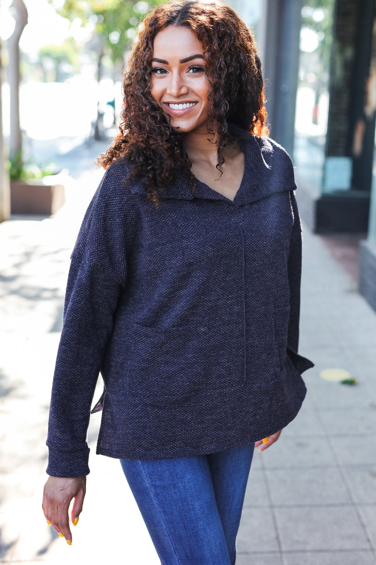 Maxct &Easy Living Charcoal Textured Knit Notch Neck Oversized Collar Sweater