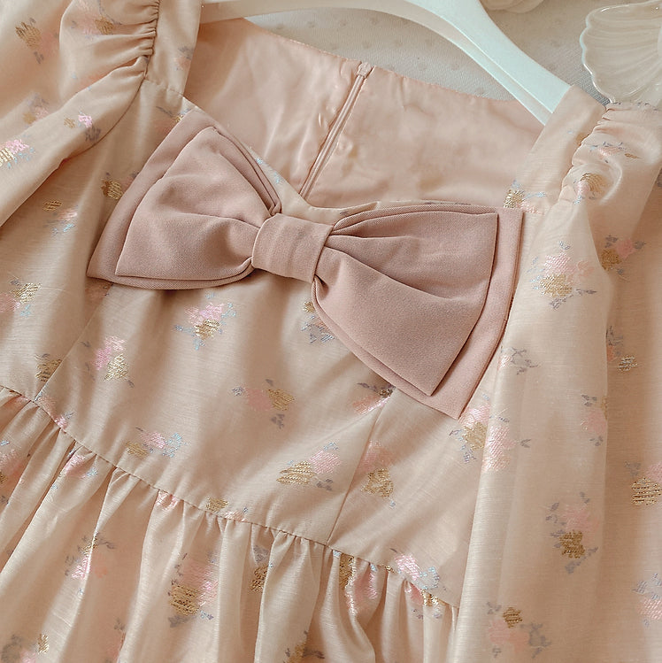 Puff Sleeve Bow Floral Jacquard Dress Maxct