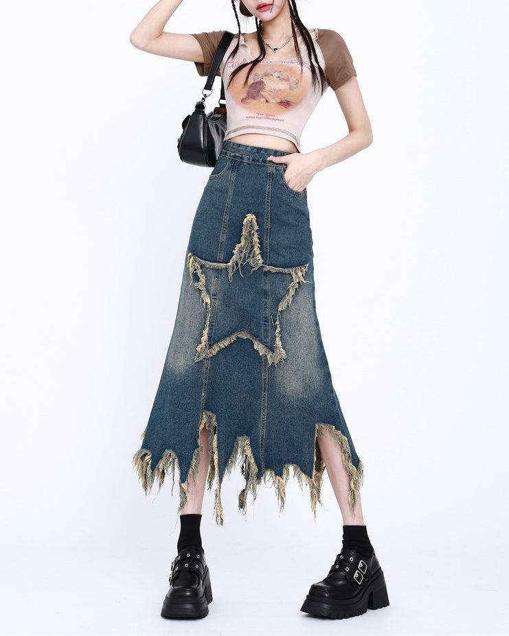 Aesthetic Star Long Denim Skirt Maxct