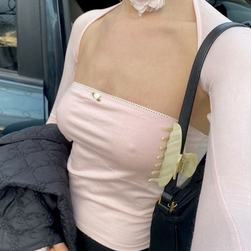 2000s Retro Fairy Grunge Backless Camis Crop Tops Cute 2 Piece Set Chic Strapless Tube Tops Y2K Long Sleeve Shrug T Shirt