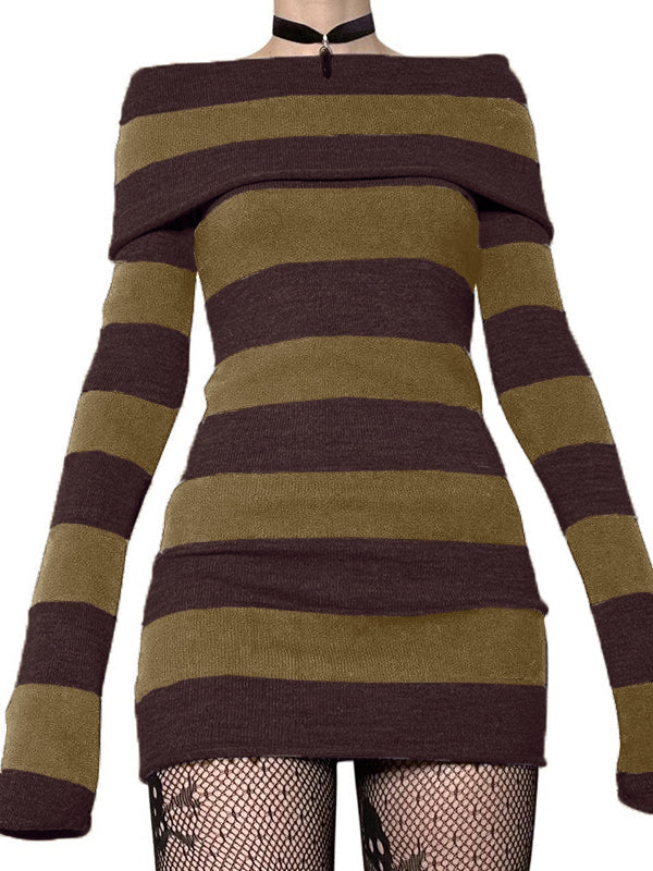 Off Shoulder Long Sleeve Striped Knit Mini Dress Maxct