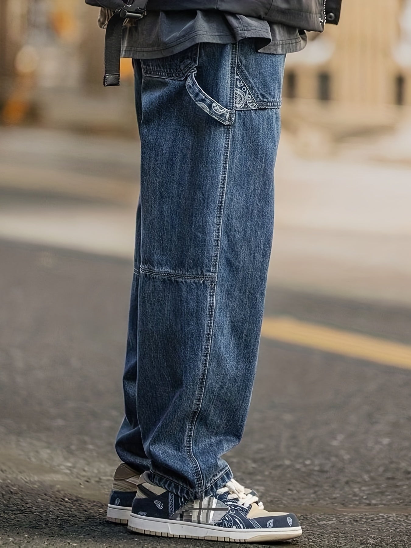 Maxct  Wide Leg Cotton Jeans, Men's Casual Street Style Patchwork Denim Pants For Spring Summer